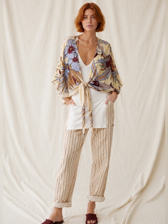 Free People Tops - Free People Floral Tie-Front Kimono Top - Cream with Purple & Brown Print Hippie